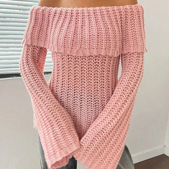 Pink Casual Women's Off-Shoulder Long Sleeve Sweater - Picture 5 of 6
